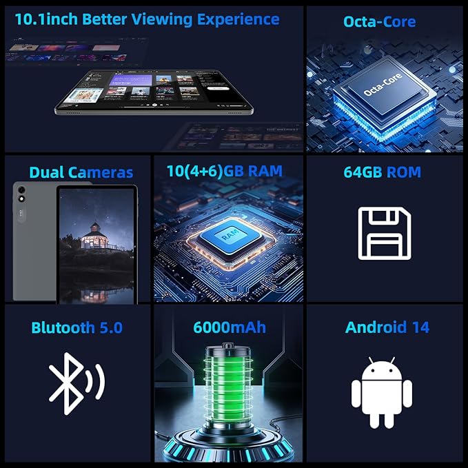 Android 14 Tablet,10 inch Tablets, Octa Core CPU, 10GB+64GB+512GB Expansion, 1280x800 HD IPS Touchcreen Display , Wi-Fi6, Dual Camera, 6000mAh Battery, Bluetooth5, 2 in 1 Tablet PC,Widevine L1