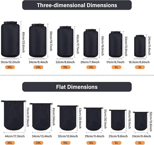 6 Pcs Waterproof Dry Bag Sack Lightweight Outdoor Dry Bags 35 L, 20 L, 15 L, 10 L, 5 L, 3 L Waterproof Boat Bag for Kayaking, Backpacking, Hiking, Camping Rafting(Black)