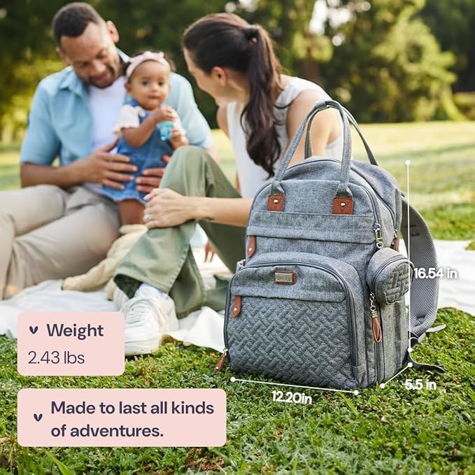 BabbleRoo Diaper Bag Backpack - Baby Essentials Travel Tote - Multi Function Water Resistant Diaper Bag, Travel Essentials Baby Bag with Changing Pad, Stroller Straps & Pacifier Case - Light Gray