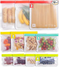 12 Pack Variety Reusable Food Storage Bags, Food Grade Silicone PEVA Material, Double Zipper, Freezer Safe, BPA-Free (4 Snack, 4 Sandwich, 2 Quart, 2 Gallon)