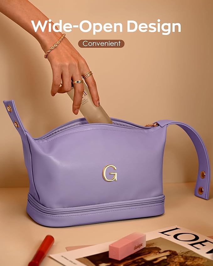 Initial Makeup Bag, Personalized Bags with Handle, Waterproof Double Layer Cosmetic Bag, Large Capacity PU Leather Makeup Bags Letter Travel Toiletry Bag with Makeup Brush Organizer