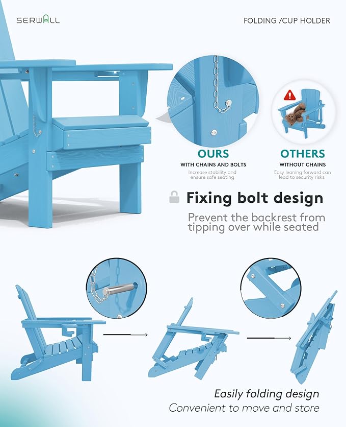 SERWALL Adirondack Chair with Cup Holders - Composite Adirondack Chairs HDPE Outdoor Chairs Set of 2 All Weather Use- Light Blue