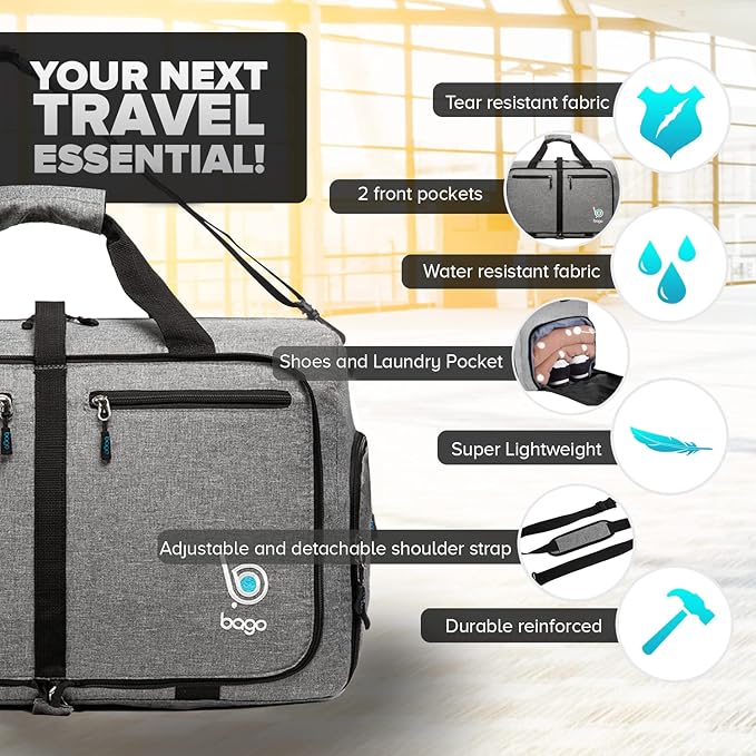 Bago Foldable Duffel Bags for Traveling Women & Men - 40L Sports Packable Duffle Bag for Travel with Shoe Compartment - Water Repellant, Heavy Duty, Lightweight Folding & Collapsible (SnowGray)