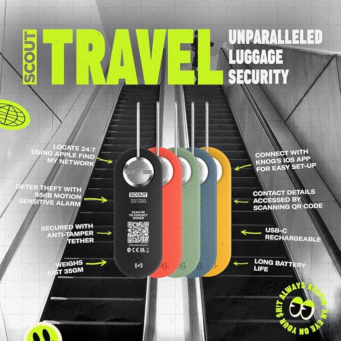 Knog Scout iOS Smart Tag, Tracker & 85d Alarm – Rechargeable Luggage Tag Compatible with iOS App & Apple Find My, Digital Contact Info, Remote Chime, Low Battery Alerts, Water-Resistant, Black