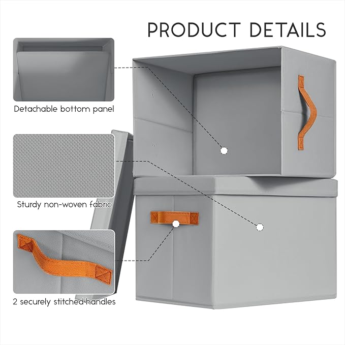 Storage Bins with Lids - Fabric Storage Baskets for Shelves, 4 Pack Foldable Decorative Boxes with Handles, Stackable Organizer Bins for Home, Nursery, Dorm, Grey