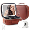 MOMIRA Travel Makeup Bag Cosmetic Bag with Lighted Mirror, Adjustable Brightness in 3 Color Scenarios/Detachable makeup mirror, All-round Upgrade, Waterproof, Gift for Women -Red Brown