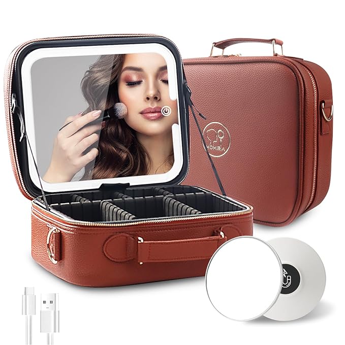 MOMIRA Travel Makeup Bag Cosmetic Bag with Lighted Mirror, Adjustable Brightness in 3 Color Scenarios/Detachable makeup mirror, All-round Upgrade, Waterproof, Gift for Women -Red Brown
