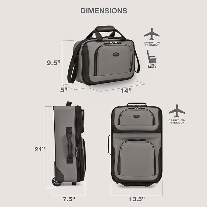 U.S. Traveler Rio Fabric Expandable Carry-on Luggage, Rolling Suitcase, Grey, 2 Wheel Set