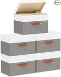 Fabric Storage Boxes with Lids, Linen Foldable Cloth Baskets, 17.7 x 11.8 x 11.8 Inch Closet Organizer Containers with Double Handles, Sweater Bins for Bedroom, White and Grey, 5 Pack