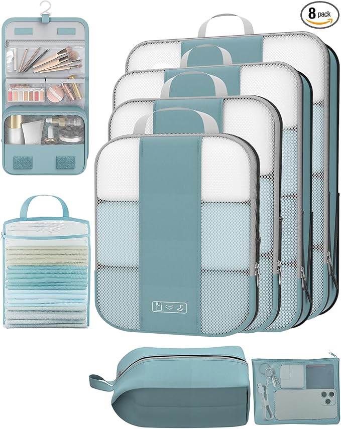 8 Set Compression Packing Cubes for Travel Essentials,Compressible Expandable Packing Cubes for Suitcase,OlarHike Luggage Organizer Bags for Travel,Handy Helper for Organizing Clothes(Blue Gray)