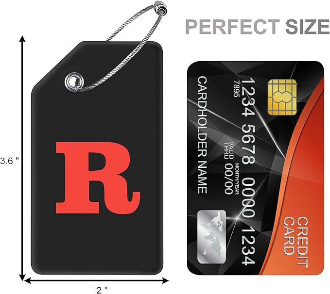 8 Pcs Luggage Tags for Suitcases, 26 Initial Letter Travel Luggage Baggage Identification Labels ID Tags Fully Bendable Tags with Stainless Steel Loop (Letter R, Black)
