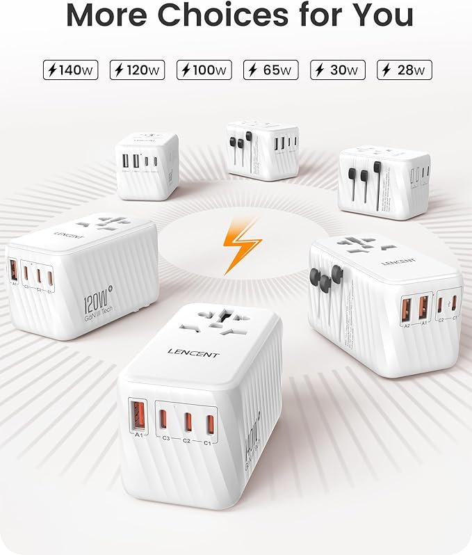 LENCENT International Travel Adapter, 65W GaN3 Universal Fast Charger with 2 USB A + 3 Type C PD, Worldwide Power Adaptor for Phones,Laptops, All in One Travel Essentials for EU/USA/UK/AU, White