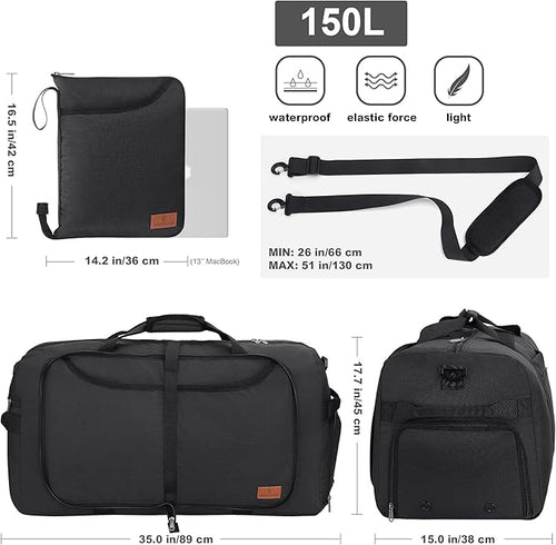 150L Large Waterproof Bag for Men Travel, Extra Large Trave Duffle Bag with Shoe Compartment for Men Women, Foldable Duffle Bag for Traveling, Gym Bag, Water Resistant & Tear-Resistant, Black