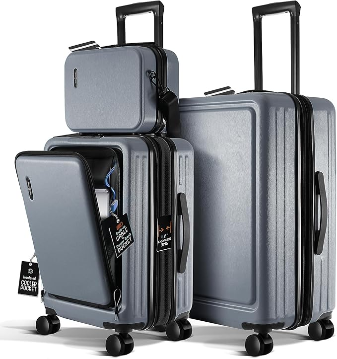 Luggage Sets 3 Piece, 22 Inch Carry on Luggage and 24 Inch Suitcases with Wheels Spinner, Durable Hard Shell Suitcase Set, Expandable Travel Suitcase, Grey