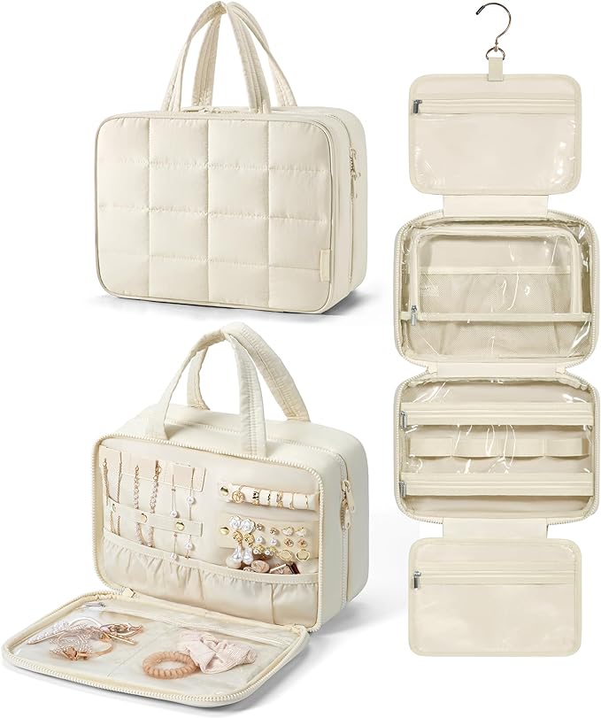 BAGSMART Travel Toiletry Bag with Jewelry Organizer, Hanging Travel Bag for Toiletries, Puffy Makeup Cosmetic Bag Organizer, Carry-on Travel Accessories Essentials, Beige-L