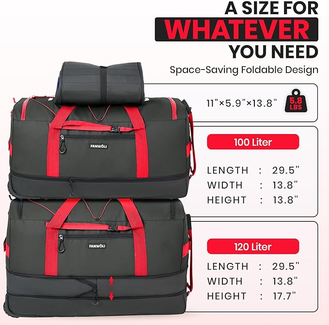 Fanwoli 30'' Rolling Duffel Bag with 2 Wheels - No-Sag Design for Heavy Loads, Expandable 100L-120L Luggage with Soft Handle & Lock, Waterproof Foldable Lightweight with for Travel, Camping,Moving