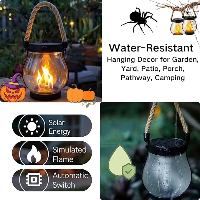 Solar Lantern Outdoor Lights, Flickering LED with Hemp Rope Handle, Dual Charging (Solar & USB), Water-Resistant Hanging Decor for Garden, Yard, Patio, Porch, Pathway, Camping (2)