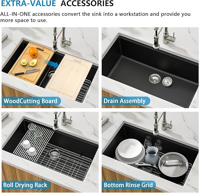 30 Granite Composite Kitchen Sink - Donsdey 30 Inch Black Kitchen Sink Undermount Granite Quartz Composite Ledge Workstation Matte Black Under Counter Single Bowl Sink Basin
