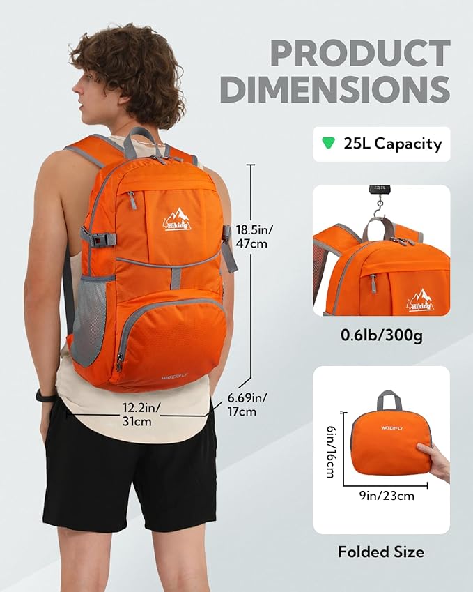 WATERFLY Hiking Foldable Daypack Backpack: 25L Ultra Lightweight Packable Waterproof Outdoor Travel Day Pack for Woman Man