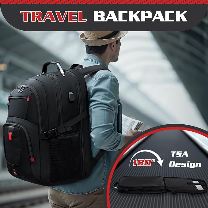 Extra Large 55L Travel Backpack, 18 inch Laptop Bag for Men, TSA Approved Heavy Duty with USB Charging Port, Anti Theft Rucksack for Business Work College, Black