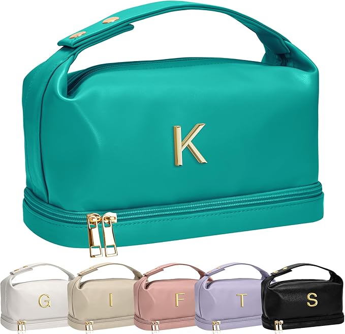 Graduation Present for for Women, Personalized Makeup Bag with Handle, Initial Double Layer Cosmetic Bag with Makeup Brush Organizer, Cosmetic Pouch for Women, Gift for Friends Female Mom