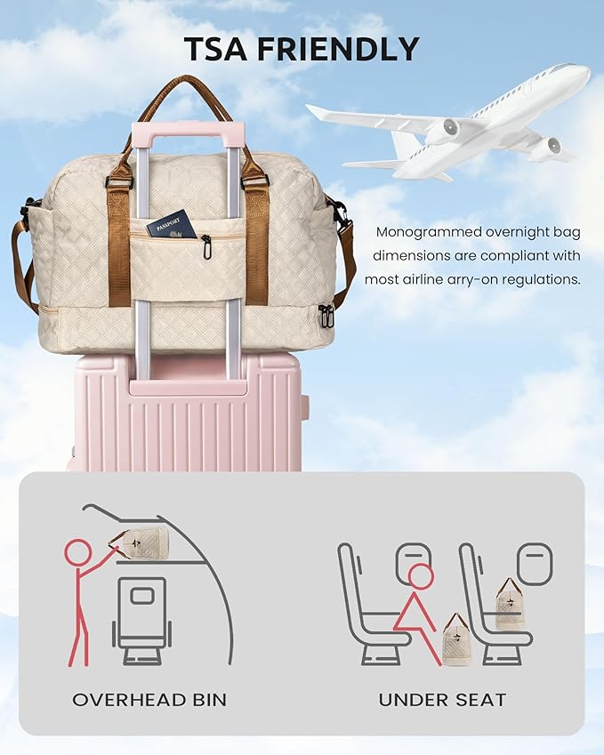 Initial Duffle Bag with Shoe Compartment, Personalized Weekender Bag, Monogram Overnight Bag for Women with Trolley Sleeve & Wet Pocket, Letter Travel Bag with Makeup Bag (Letter D), Beige