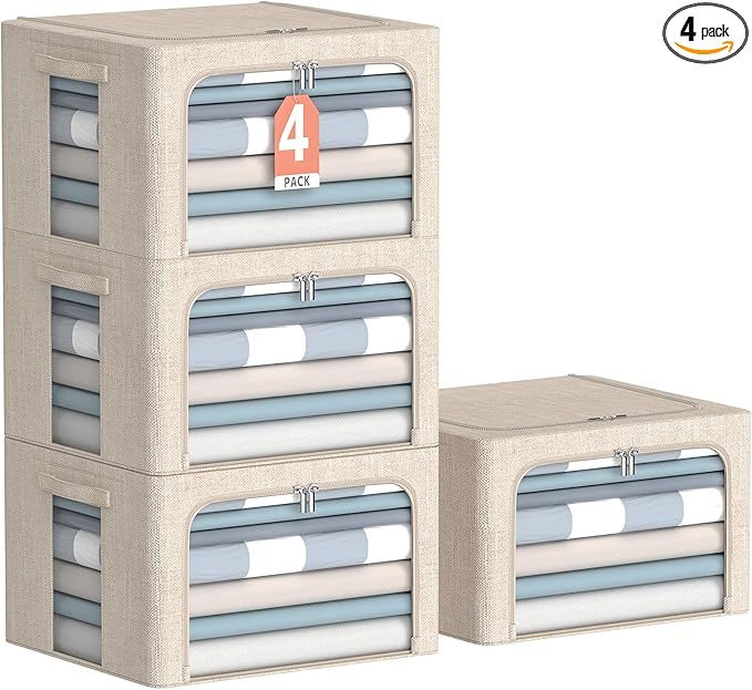 4 Pack Clothes Storage Bins with Metal Frame - Linen Fabric Foldable Stackable Container Organizer Set with Clear Window & Carry Handles & Zippers (Beige, 15.7"x11.8"x7.8")