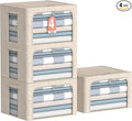 4 Pack Clothes Storage Bins with Metal Frame - Linen Fabric Foldable Stackable Container Organizer Set with Clear Window & Carry Handles & Zippers (Beige, 15.7"x11.8"x7.8")
