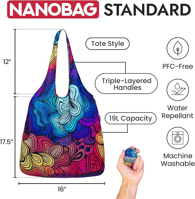 Nanobag Ultra-Lightweight Foldable Tote for Women & Men, Reusable Grocery & Travel Bag, Packable Collapsible Compact Market Essential (Standard Gray)