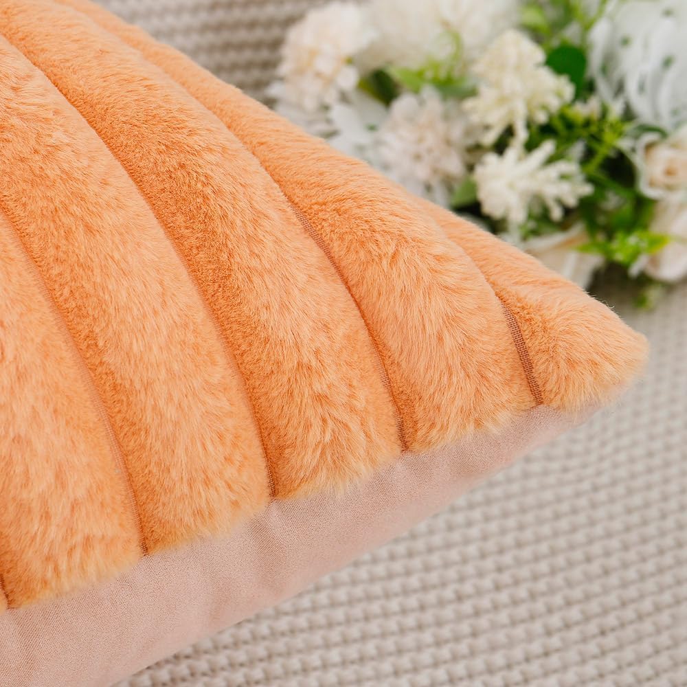 MADIZZ Set of 2 Faux Wool Plush Decorative Throw Pillow Covers 16x16 Inch Orange Fluffy Striped Soft Decorative Cushion Cover for Sofa Bedroom Pillow Shell