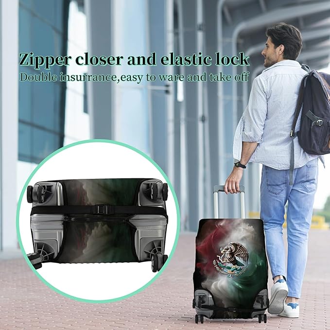 Luggage Cover + Tag, Mexican Flag Eagle Travel Suitcase Protector for 22-24 inch Luggage (M) with Concealed Zipper, Washable Elastic Cloth, Dustproof, Anti-Scratch