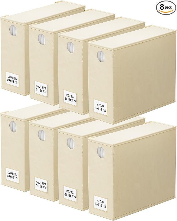 SpaceAid 8 Pack Bed Sheet Organizers and Storage, Foldable Sheet Organizer for Linen Closet, Sheets Set Folder Keeper with Window XL (Queen & King Size) Bedding Container (Beige, 8 Pack)