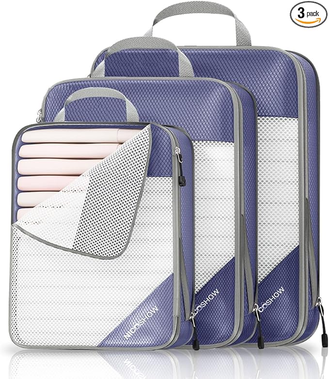 Compression Packing Cubes 3 Set, Compressible Space-Saving Packing Cubes for Travel - Compression Bags, Luggage Organizer, Travel Essentials for Women, Bluish Purple