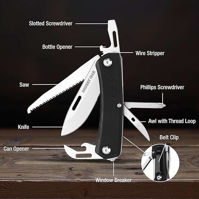 MOSSY OAK Multitool Pocket Knife, 10-in-1 Folding Pocket Knife Multitool with Stainless Steel Blade, Saw, Can Opener, Screwdrivers – EDC Tool for Camping, Hiking, Survival, Father Day Gifts