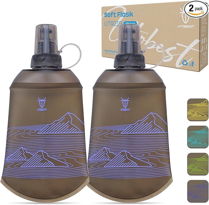 UTOBEST 200ml Soft Flask, 2 Pack Flexible TPU Hydration Water Bottle, Collapsible with 28mm Caliber for Running, Hiking, Cycling, Climbing, and Marathon Purple