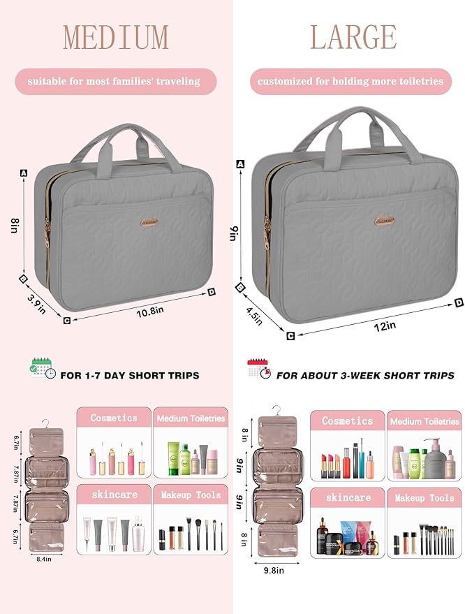 BALHLHG Toiletry Bag for Women With Hanging Hook, Medium Travel Makeup Organizer, Water-resistant Cosmetic Toiletries Bag for Bathroom, Trip, Business, Grey