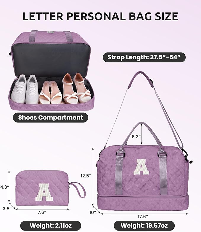 Weekender Bags for Women Travel, Personalized Weekender Bag with Shoulder Strap, Monogram Overnight Bag for Women with Trolley Sleeve & Wet Pocket, Letter Travel Bag (Letter J)