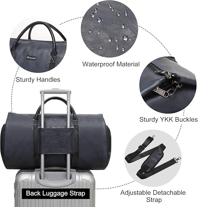 Modoker Convertible Leather Garment Bag, Carry on Garment Bags for Travel, Garment Duffel Bag, Gifts for Men Women Business Waterproof Suitcase Suit Travel Bags, Blue