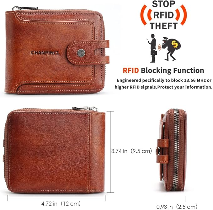 Men's brand buckle driver's license zipper genuine leather wallet, large capacity, multifunctional coin pocket (Yellowish brown)