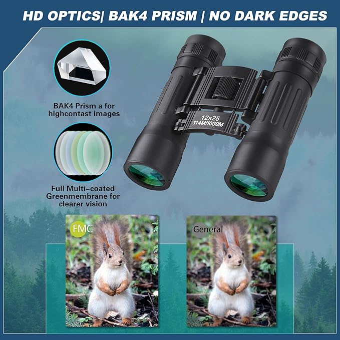 12x25 Compact Binoculars, High Powered Easy Focus Binoculars, Portable Large Eyepiece Binocular for Adults Kids Bird Watching,Opera Concert, Travel, Hiking, Outdoor Scenery, Football Game