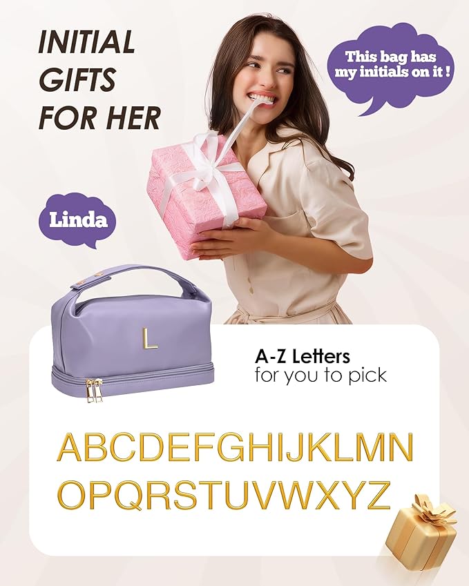Personalized Makeup Bags， Personalized Bags with Handle, Waterproof Double Layer Cosmetic Bag, Large Capacity PU Leather Makeup Bags Letter Travel Toiletry Bag with Makeup Brush Organizer