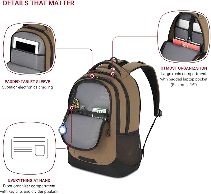 SwissGear Cecil 5505 Laptop Backpack, Pastel Brown/Black, 18-Inch