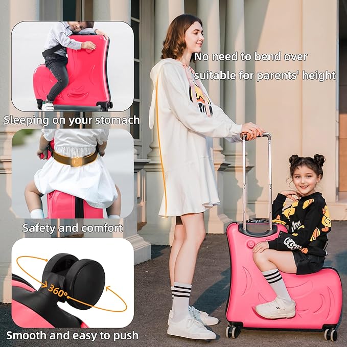 AO WEI LA OW Duffel Bag for Kids Ride-On Suitcase Carry-On Luggage with Wheels (Fuchsia, 24 Inch(suggest 6-12 years old))