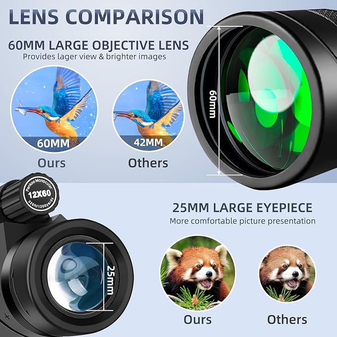 12x60 Monocular Telescope High Powered with Smartphone Adapter Tripod and Portable Bag, Larger Vision Monoculars for Adults with BAK4 Prism & FMC Lens, Suitable for Bird Watching Hiking Travel
