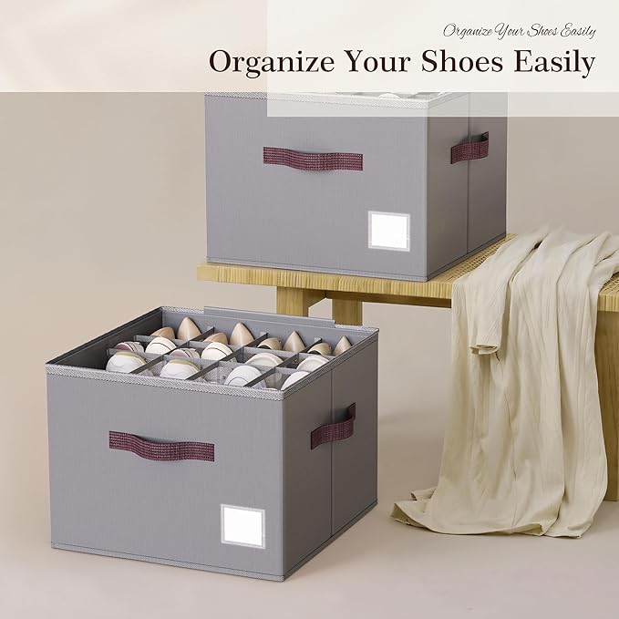 Criusia Shoe Organizer for Closet, 4 Pack Shoe Organizer with Transparent Cover and Sturdy Handles, Closet Shoe Storage for Sneakers Sandals Slippers, Fit 12-16 Pairs, Gray