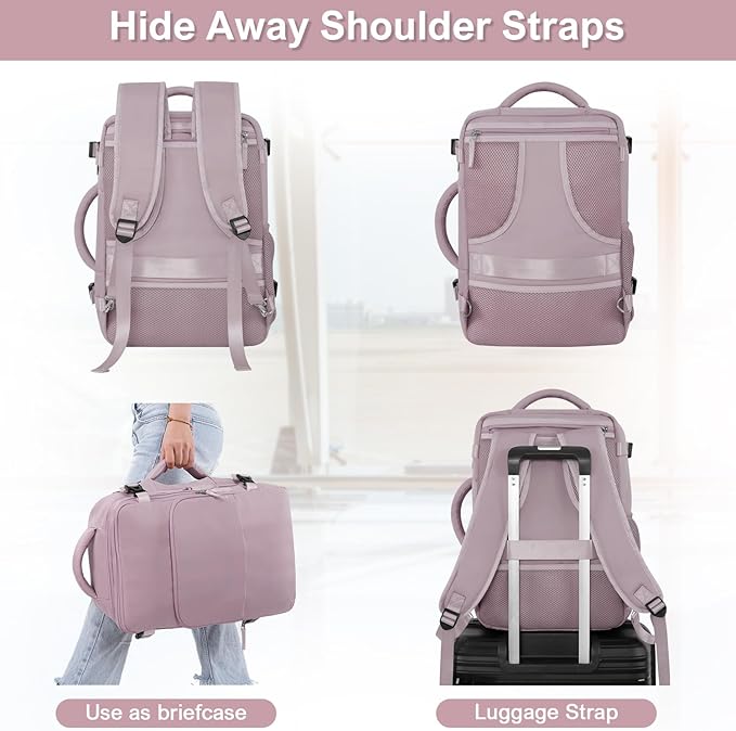 Travel Backpack, Carry on Flight Approved Backpack with Multi-Pockets, TSA Waterproof 17.3inch Laptop Backpack, Personal Item Travel Bag for Men Women, Light Purple