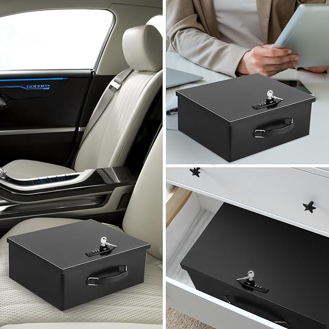 Dalmbox Portable Metal Safe Box with Dual Combination and Key Lock - Fire Resistant Storage for Documents, Car, Home and Outside - X Large 13.2"x 11"x 5.1" Black Box