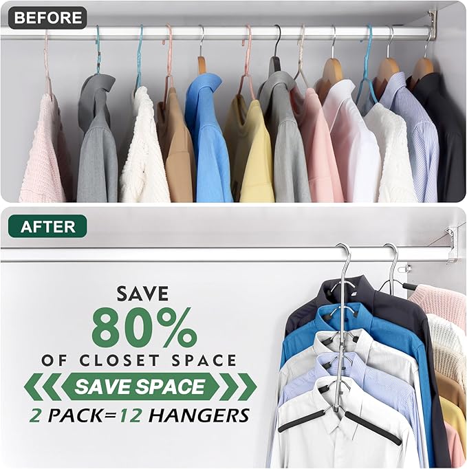 DOIOWN Space Saving 6 Tier Coat Hangers - Non Slip Foam Padded, Black Metal Sweater & T Shirt Hangers for Men & Women, 2 Pack Closet Organizers