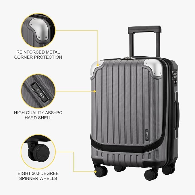 LEVEL8 Grace Carry on Luggage 22x14x9 Airline Approved, 20 Inch Hard Shell Suitcases with Spinner Wheels, Abs+Pc Hard Case Luggages with Tsa Lock, Travel bag for Women Men, Grey