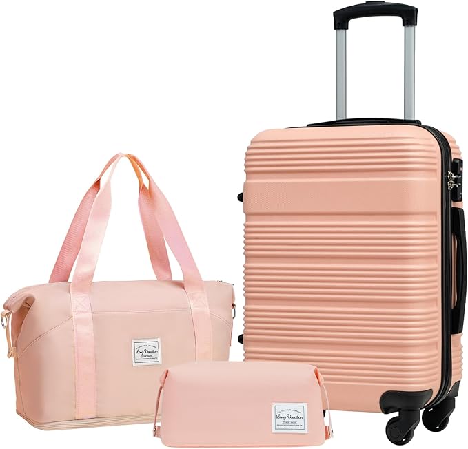 LONG VACATION 3 Piece Carry On Luggage 20 Inch Suitcase with Spinner Wheels, ABS+PC Hardshell Suitcase set with TSA Lock & YKK Zipper